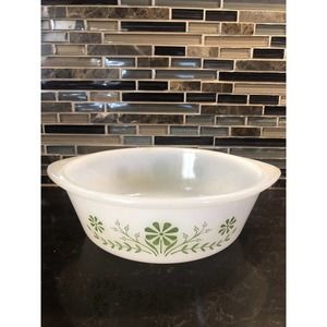 Glasbake 2 QT. Dish, USA,‎ J514 79 White/Green Flowers Daisies Vintage